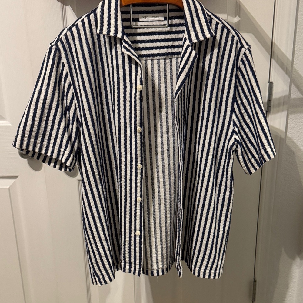 Zara Navy and White Striped Casual Shirt